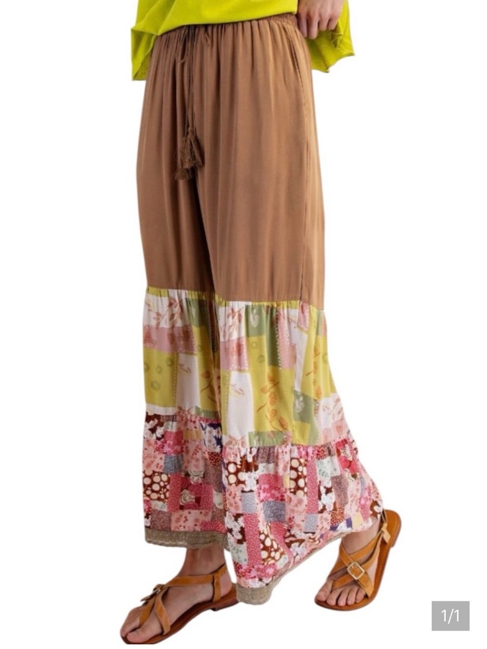 easel Light Brown Wide-Leg Stretch Waist Boho Pants with Patchwork Hem